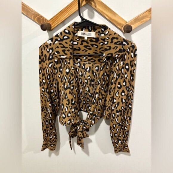 DIANE VON FURSTENBERG Shirt Womens Brown Whitman Leopard Print Silk Wrap Top - Picture 8 of 10